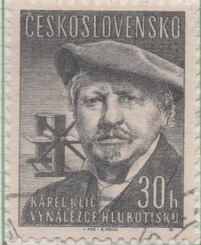 Sello E00797: hoja 54, Checoslovaquia: Sello Gris oscuro dentado. Inventores. Karel Klíč,, 30 Haleru