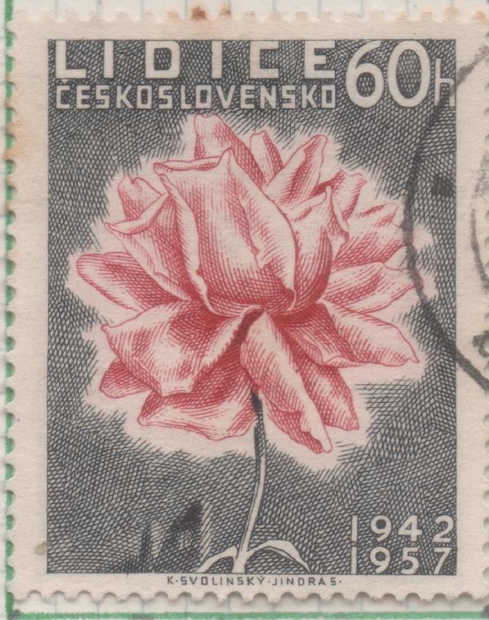 Sello E00796: hoja 54, Checoslovaquia: Sello Gris y rosa dentado. 15 Aniv destrucción de Lidice, 60 Haleru