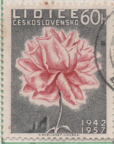 Sello E00796: hoja 54, Checoslovaquia: Sello Gris y rosa dentado. 15 Aniv destrucción de Lidice, 60 Haleru
