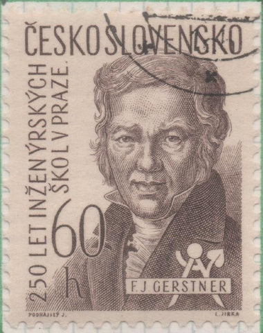 Sello E00792: hoja 54, Checoslovaquia: Sello Marron oscuro dentado. Aniv. Escuela de Ingenieros de Praga. F. J. Gerstner, 60 Haleru