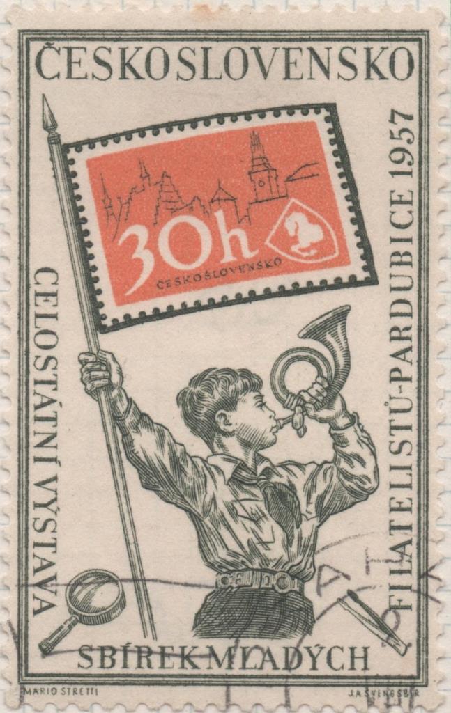 Sello E00789: hoja 54, Checoslovaquia: Sello Verde y naranja dentado. Expo. Jovenes Filatelicos, 30 Haleru