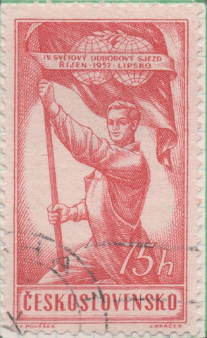 Sello E00788:hoja 54, Checoslovaquia: Sello Rojo oscuro dentado. 4º Congreso Sindical Obrero, 75 Haleru