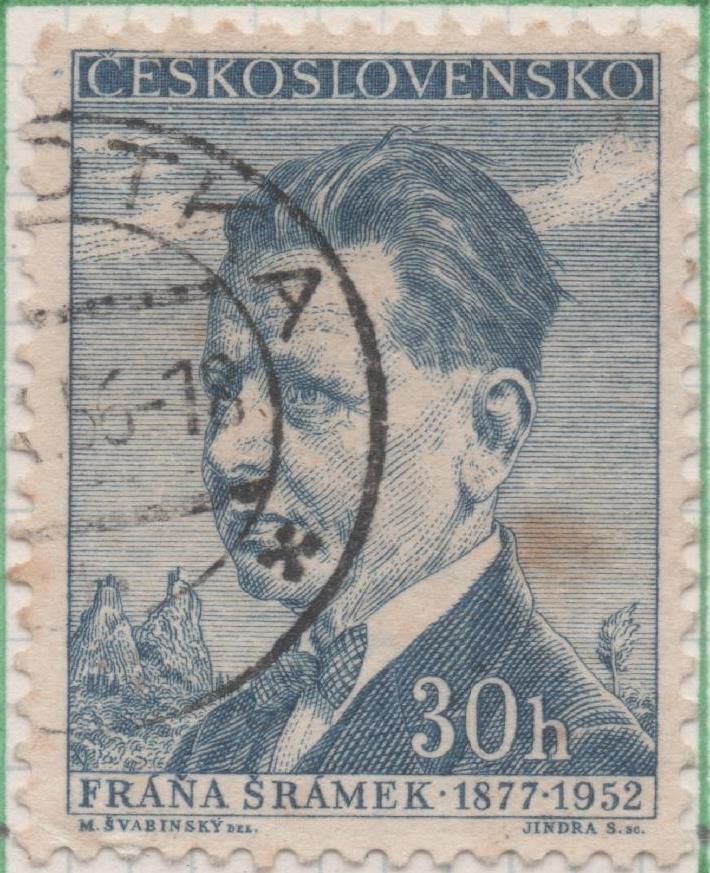 Sello E00743: hoja 51, Checoslovaquia: Sello Azul dentado. Grandes Aniversarios. Fráňa Šrámek, 30 Haleru