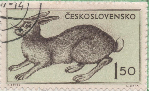 Sello E00703: hoja 48, Checoslovaquia: Sello Verde claro dentado. Fauna Diversa. Liebre Europea, 1,50 haleru