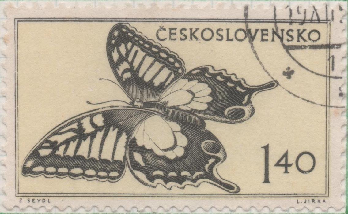 Sello E00702: hoja 48, Checoslovaquia: Sello Amarillo dentado. Fauna Diversa. Papilio Machaon, 1,40 Koruna