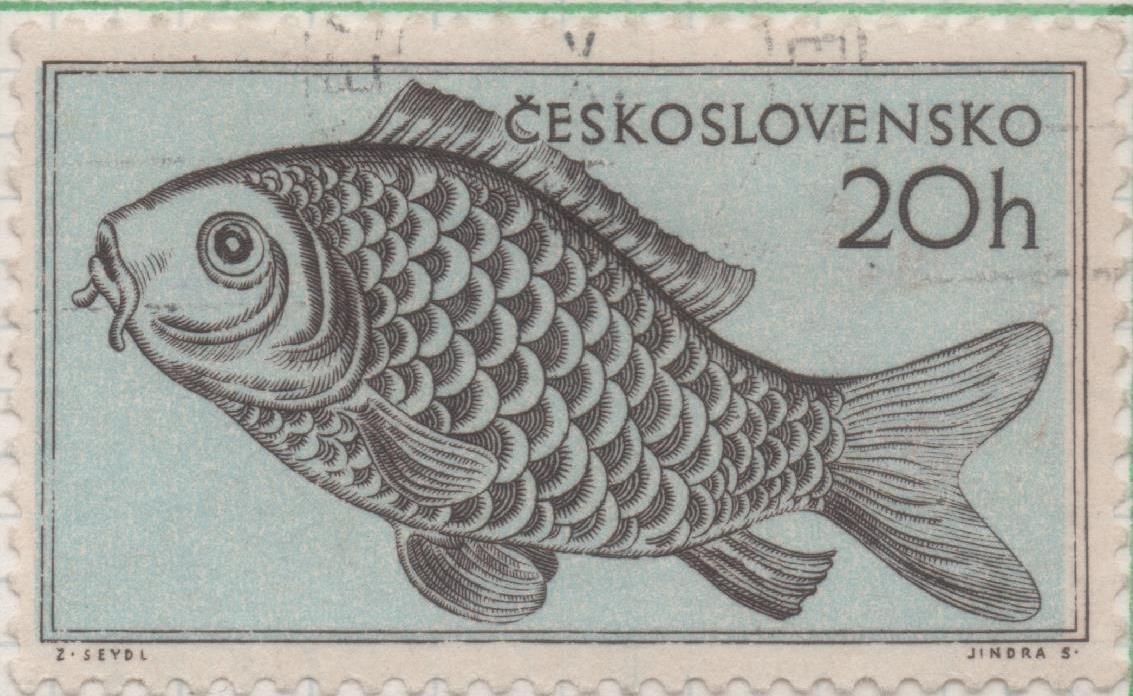 Sello E00699: hoja 48, Checoslovaquia: Sello Azul claro dentado. Auna diversa. Pez, 20 Haleru 