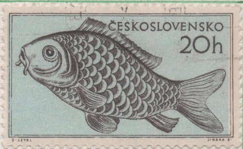 Sello E00699: hoja 48, Checoslovaquia: Sello Azul claro dentado. Auna diversa. Pez, 20 Haleru 