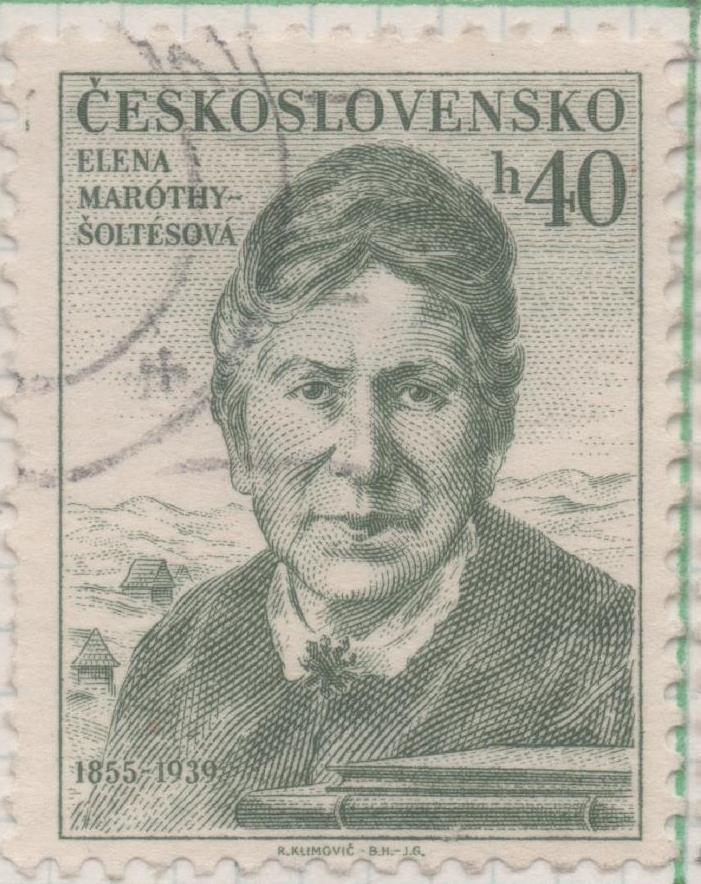 Sello E00689: hoja 47, Checoslovaquia: Sello Verde grisaceo dentado. Personajes. Elena Maróthy-Šoltézová: Escritora, 40 Haleru