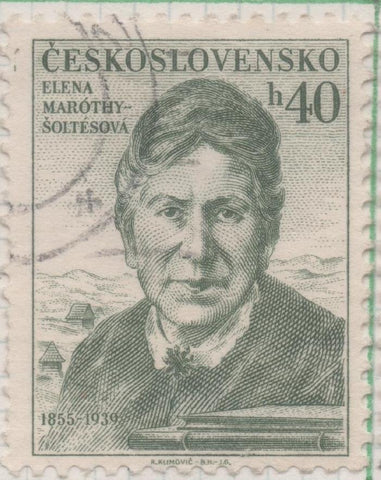Sello E00689: hoja 47, Checoslovaquia: Sello Verde grisaceo dentado. Personajes. Elena Maróthy-Šoltézová: Escritora, 40 Haleru