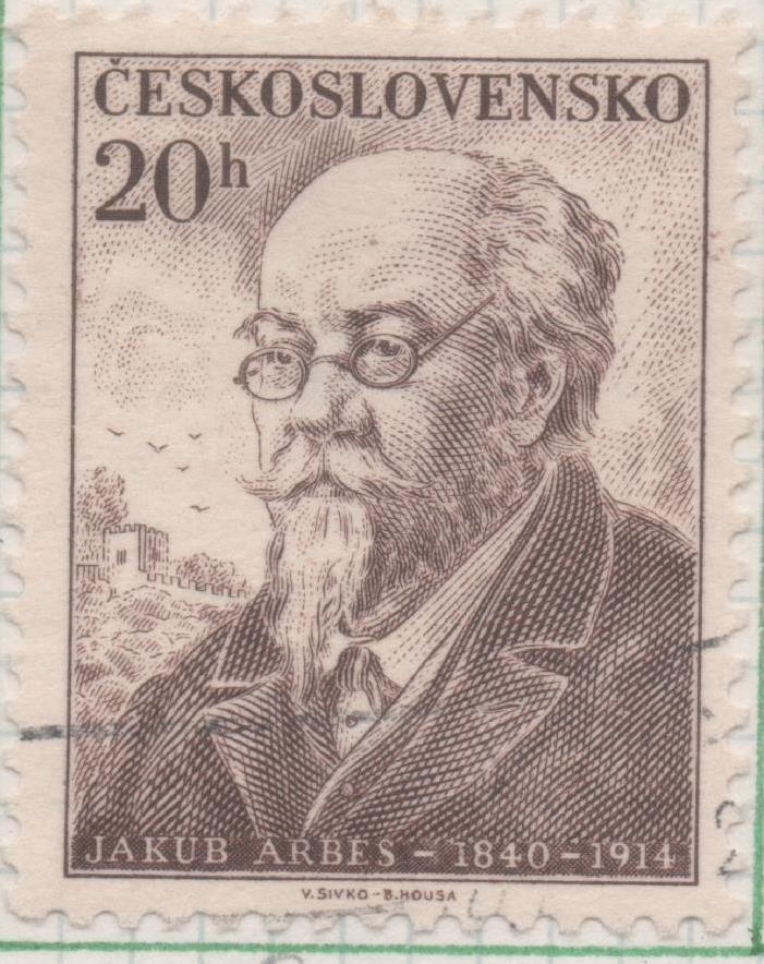 Sello E00687: hoja 47, Checoslovaquia: Sello Marron grisaceo dentado. Personajes. Jakub Arbes: Escritor, 20 Haleru