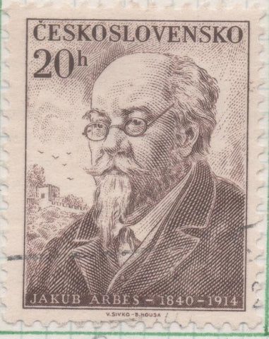 Sello E00687: hoja 47, Checoslovaquia: Sello Marron grisaceo dentado. Personajes. Jakub Arbes: Escritor, 20 Haleru