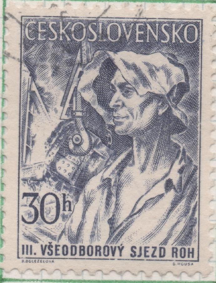 Sello E00686: hoja 47, Checoslovaquia: Sello Violeta oscuro dentado. 3er Congreso Sindical, 30 Haleru