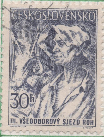 Sello E00686: hoja 47, Checoslovaquia: Sello Violeta oscuro dentado. 3er Congreso Sindical, 30 Haleru