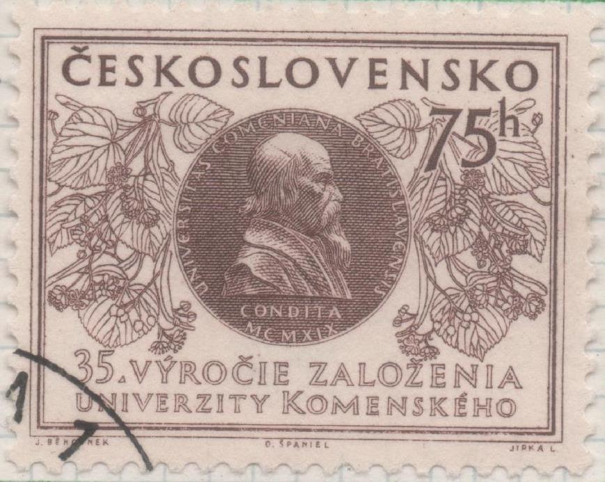 Sello E00685: hoja 47, Checoslovaquia: Sello Marron oscuro dentado. Universidad Comenius, 75 Haleru
