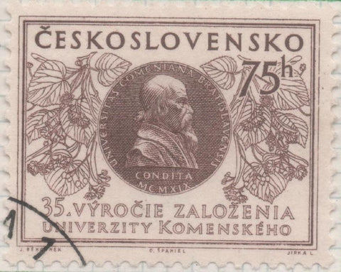 Sello E00685: hoja 47, Checoslovaquia: Sello Marron oscuro dentado. Universidad Comenius, 75 Haleru