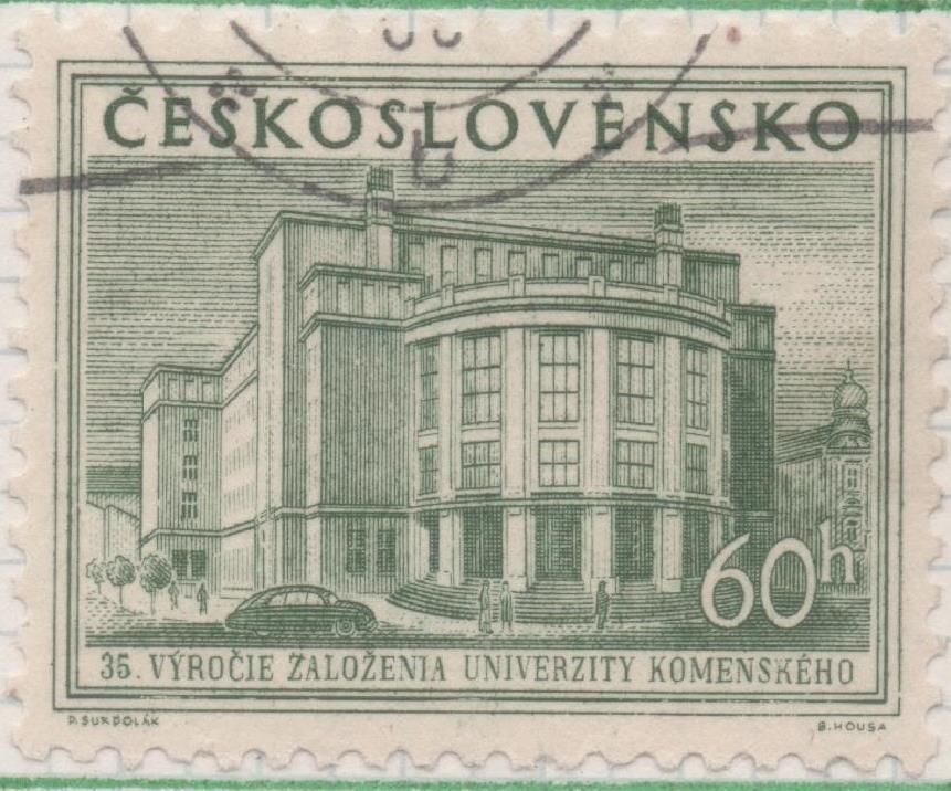 Sello E00684: hoja 47, Checoslovaquia: Sello Verde grisaceo dentado. Universidad Comenius, 60 Haleru