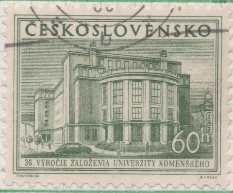 Sello E00684: hoja 47, Checoslovaquia: Sello Verde grisaceo dentado. Universidad Comenius, 60 Haleru