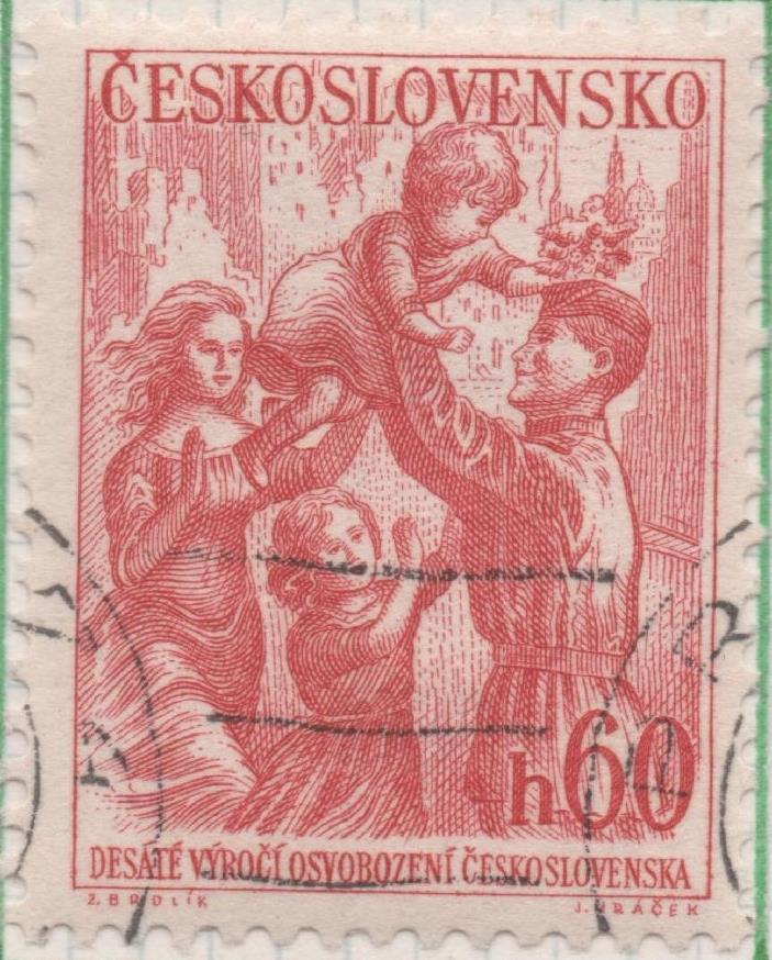 Sello E00682: hoja 47, Checoslovaquia: Sello Rojo oscuro dentado. 10º Aniversario de la Liberación, 60 Haleru