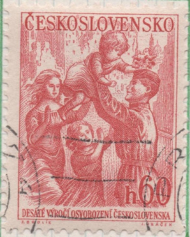 Sello E00682: hoja 47, Checoslovaquia: Sello Rojo oscuro dentado. 10º Aniversario de la Liberación, 60 Haleru