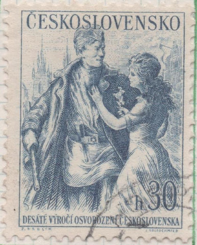 Sello E00681: hoja 47, Checoslovaquia: Sello Azul oscuro dentado, 0º Aniversario de la Liberación, 30 Haleru