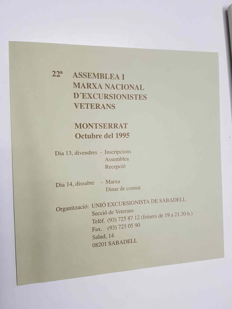 Folleto informativo: Assamblea I Marxa Nacional d'Excursionistes Veterans - Montserrat octubre del 1995