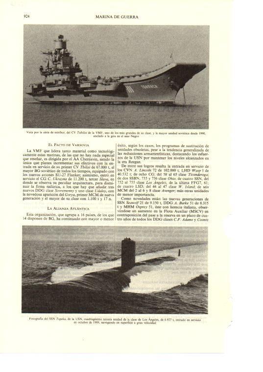 LAMINA ESPASA 38726: Vista del CV Tsibilisi de la VMF y fotografia del submarino SSN Tapeka de la USN