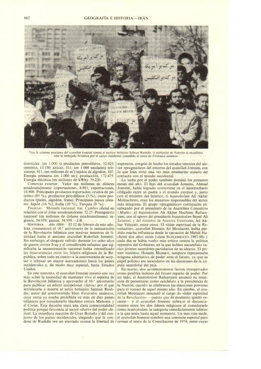 LAMINA ESPASA 38702: Manifestacion en Teheran contra el apoyo a Salman Rushdie
