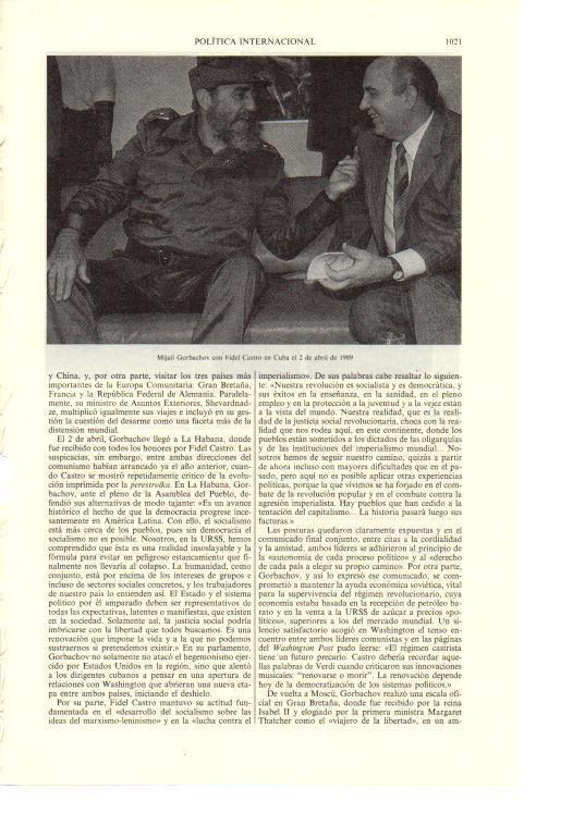 LAMINA ESPASA 38740: Fidel Castro y Mijail Gorbachov el 2 de abril de 1989