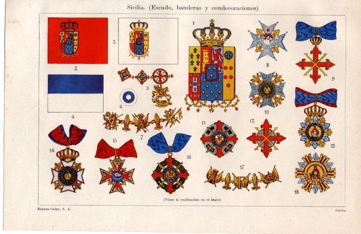LAMINA ESPASA 38284: Escudo, banderas y condecoraciones de Sicilia, Italia