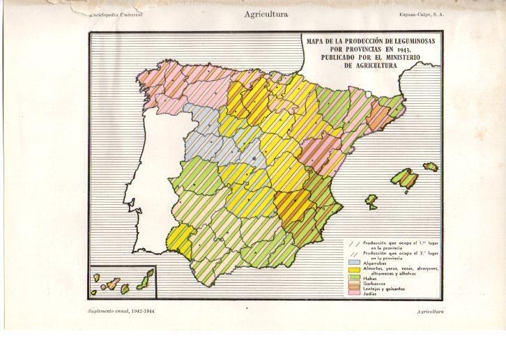 LAMINA ESPASA 38394: Mapa de produccion de legumbres de España de 1943