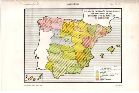 LAMINA ESPASA 38394: Mapa de produccion de legumbres de España de 1943