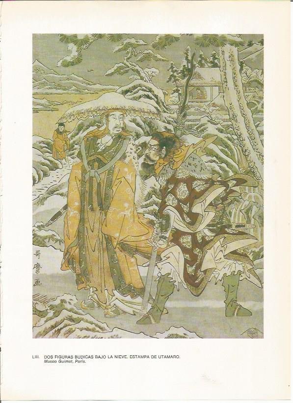 LAMINA 27559: Dos figuras budicas bajo la nieve, por Utamaro