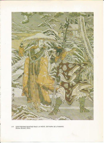 LAMINA 27559: Dos figuras budicas bajo la nieve, por Utamaro