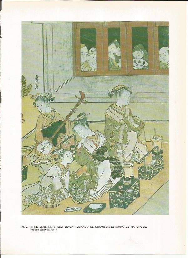 LAMINA 27550: Tres mujeres y una joven tocandoo el shamisen
