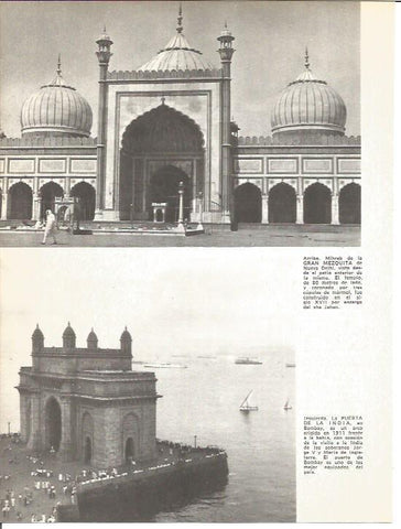 LAMINA V01778: Vista de la Gran Mezquita en Delhi y la Puerta de la India en Bombau