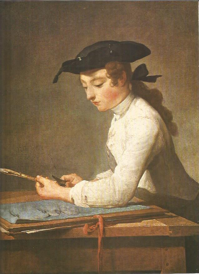 LAMINA V01296: Muchacha afilando el carboncillo por Chardin