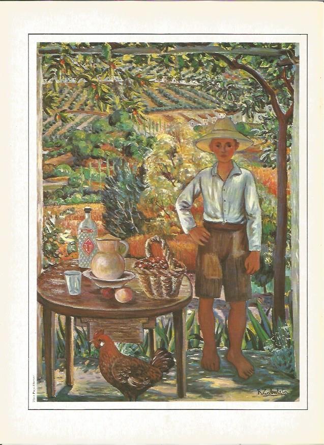 LAMINA V01379: Paisaje con muchacho y bodegon por R. Zabaleta
