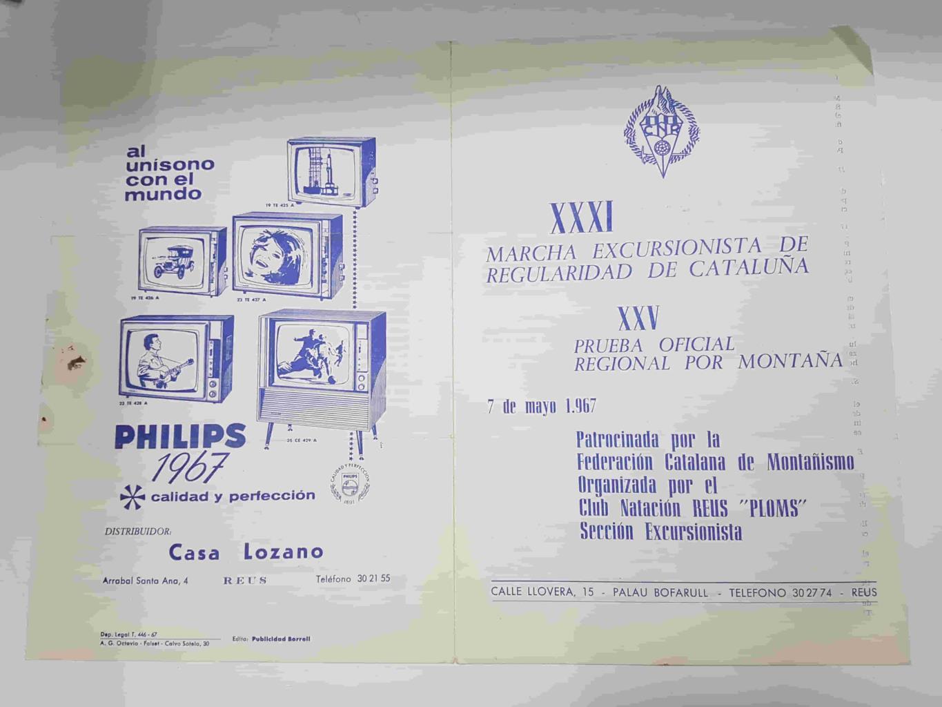 Diptico: XXXI Marcha Excursionista de Regularidad de Catalunya - XXV prueba oficila regional por montaña, 7 de mayo 1967