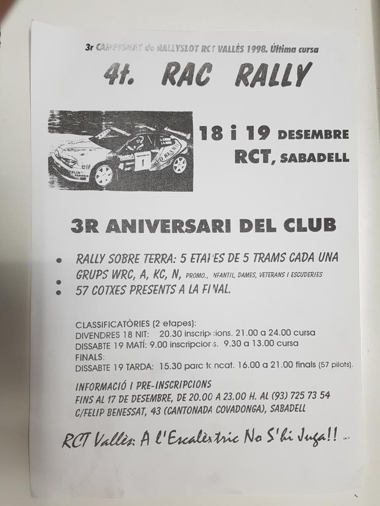 Anuncio informativo (fotocopia): 3r campionat de Rallyslot RCT Valles 1998 - 4t. Rac Rally