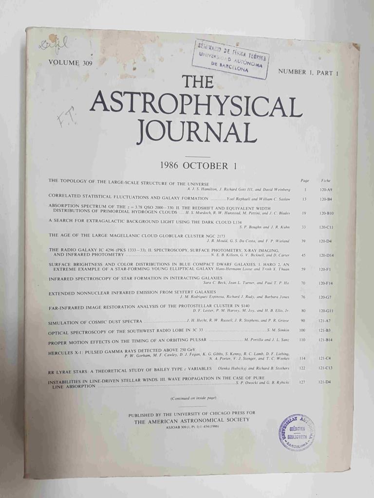 Revista cientifica: The Astrophysical Journal, 1986 October 1, volume 309 numer 1 part 1