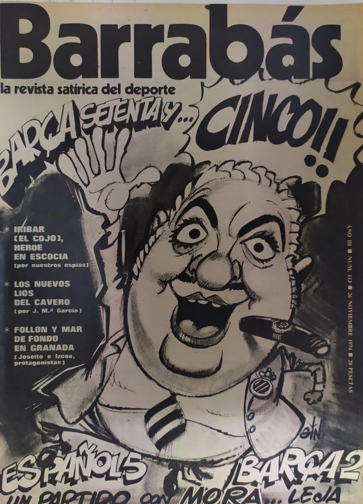 Revista: BARRABAS, Año III, numero 113: Barça Setenta y Cinco / Español 5 - Barça 2 (26 noviembre 1974) Poster 75 aniversatio Barça chica bikini