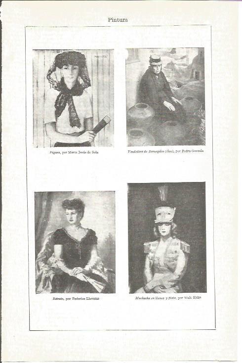 LAMINA V03882: Figura por Maria Jesus de Sola, Vendedora de Bergenales por P.Guezala, Retrato por F. Lloveras y Muchacha en blancoy plata por W.Kuhn