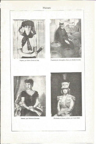 LAMINA V03882: Figura por Maria Jesus de Sola, Vendedora de Bergenales por P.Guezala, Retrato por F. Lloveras y Muchacha en blancoy plata por W.Kuhn
