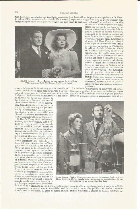 LAMINA V03862: R. Colman y G. Garson en Niebla en el pasado y G. Garson y W.Piggeon en Madame Curie.Gar