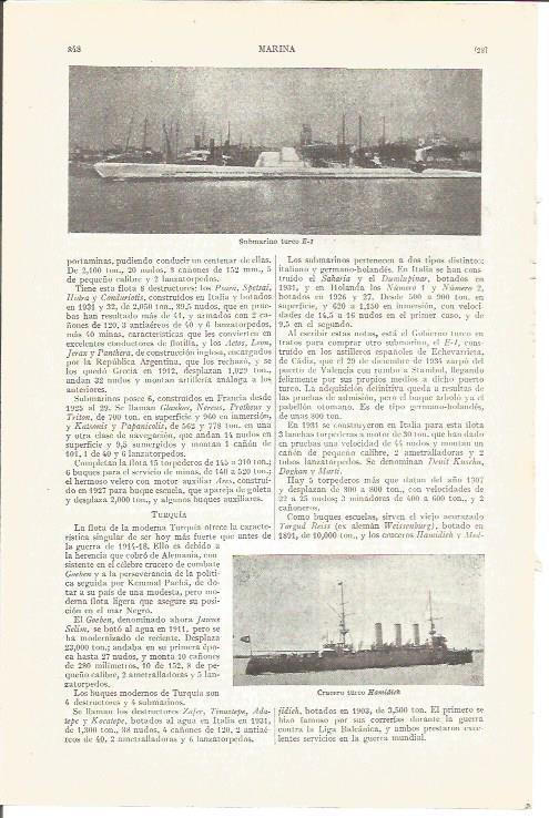 LAMINA V04218: Submarino E-1 y crucero Hamidich de Turquia