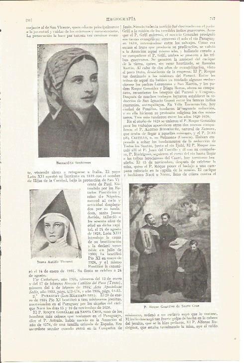 LAMINA V04205: Bernadita Soubirous, Juana Antida Thouret y P. Roque Gonzalez de Santa Cruz