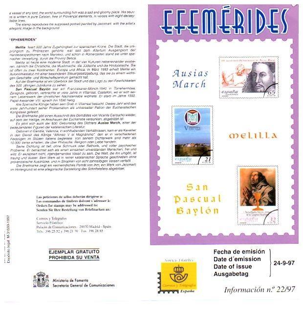 DIPTICO 6618: Efemerides: Ausias March, Melilla y San Pascual Baylon