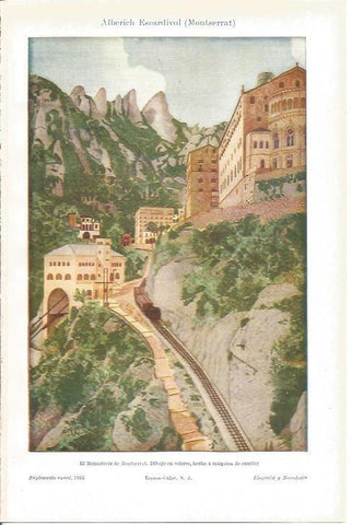 LAMINA V04963: Monasterio de Montserrat, dibujo en colores hecho a maquina de escribir 
