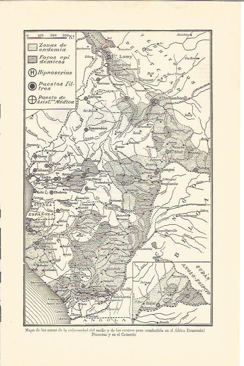 LAMINA V04287: Mapa zonas de la enfermedad del sueño en Africa Ecuatorial, francesa y Camerun