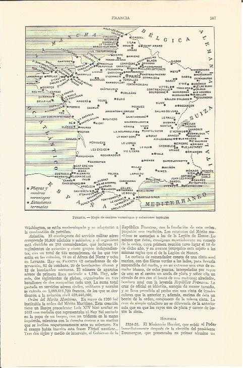 LAMINA V05626: Mapa centros veraniegos y termales en Francia